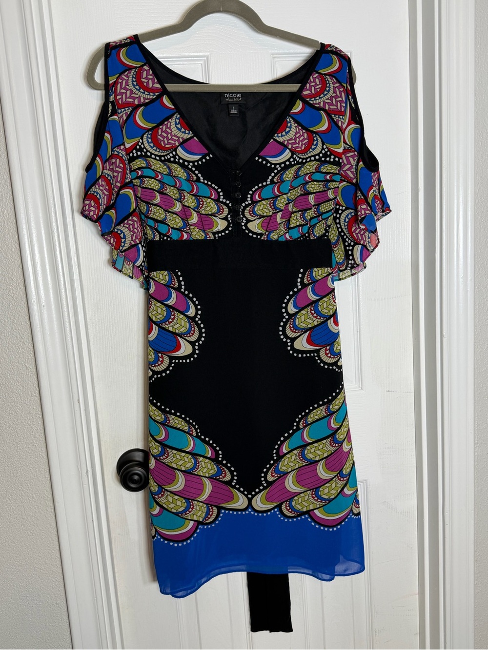 Nicole Black V-Neck Dress with Pink, Blue and Red Accents